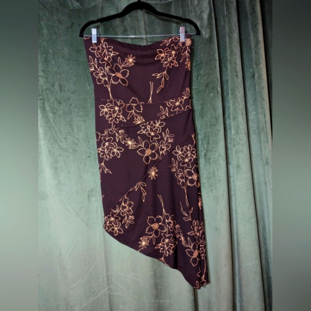 Strapless Asymetrical Brown And Cream Y2K Floral Dress